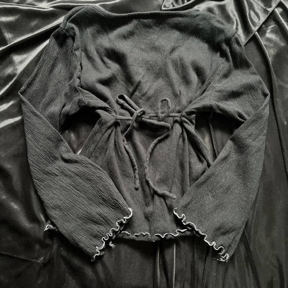 Getaway Black & White Long Sleeve Babydoll Top with Lace & Sequin Detail - Picture 7 of 8